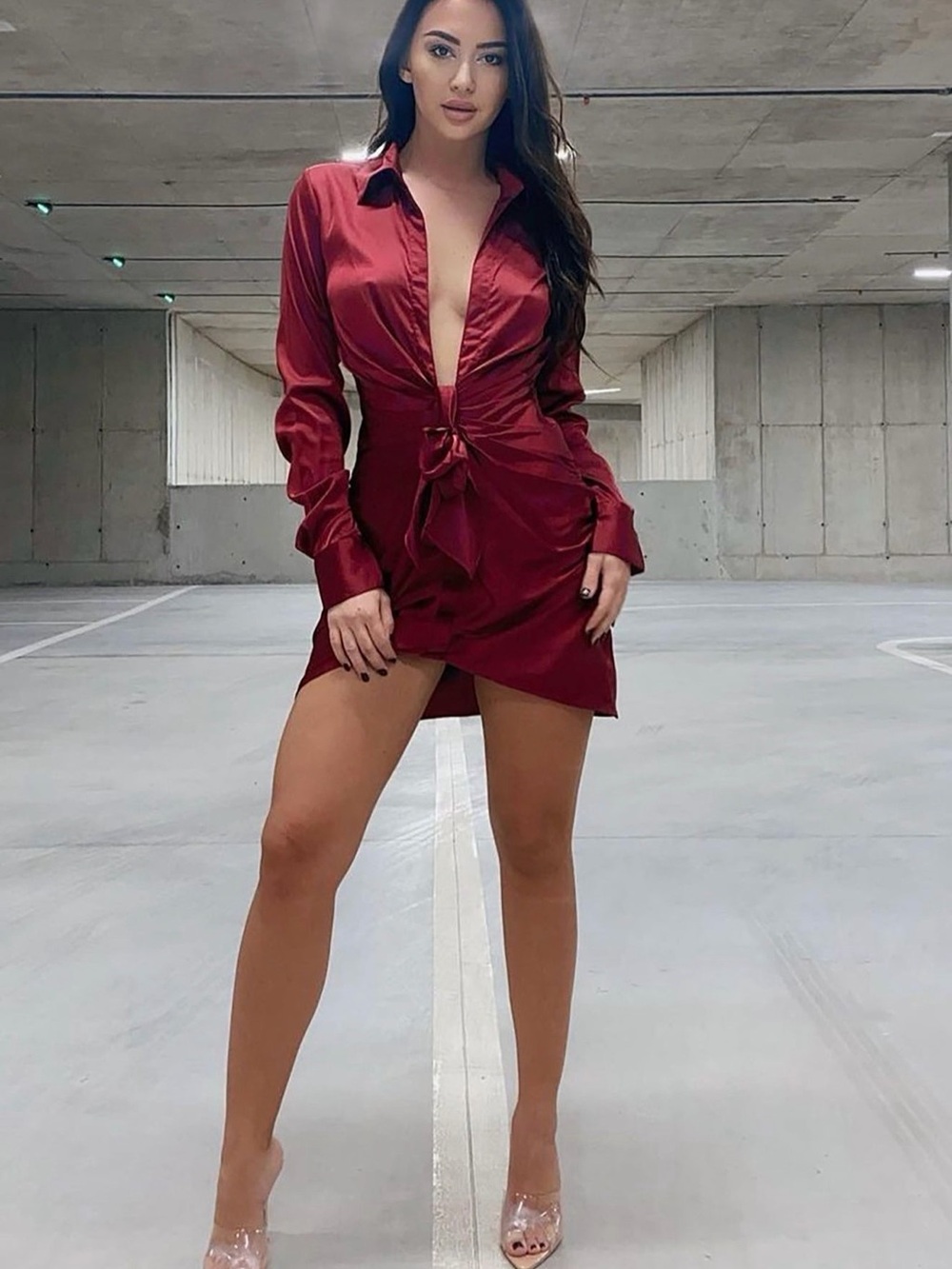 Fashion Nova Burgundy Satin Plunge Tie-Front Mini Dress
